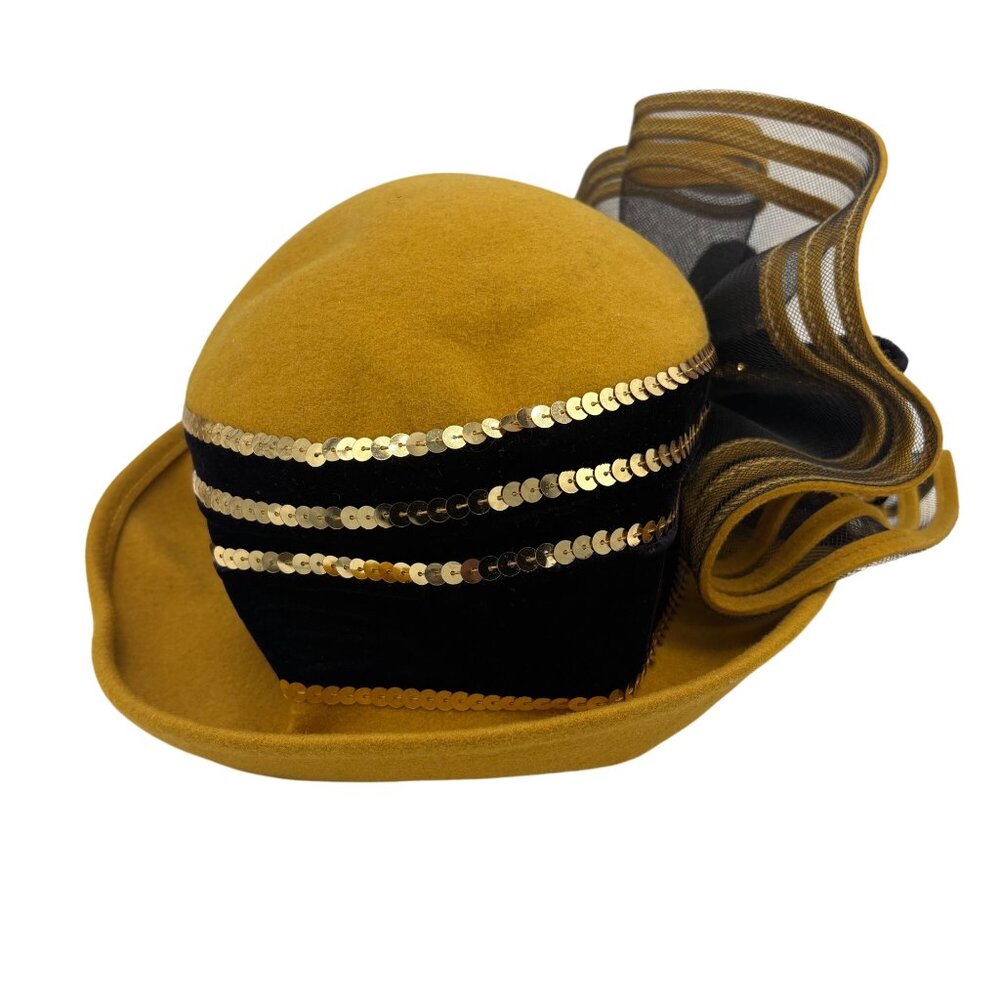 Vintage Yellow Felt Hat W/ Sequins & Mesh Bow By Deborah New York